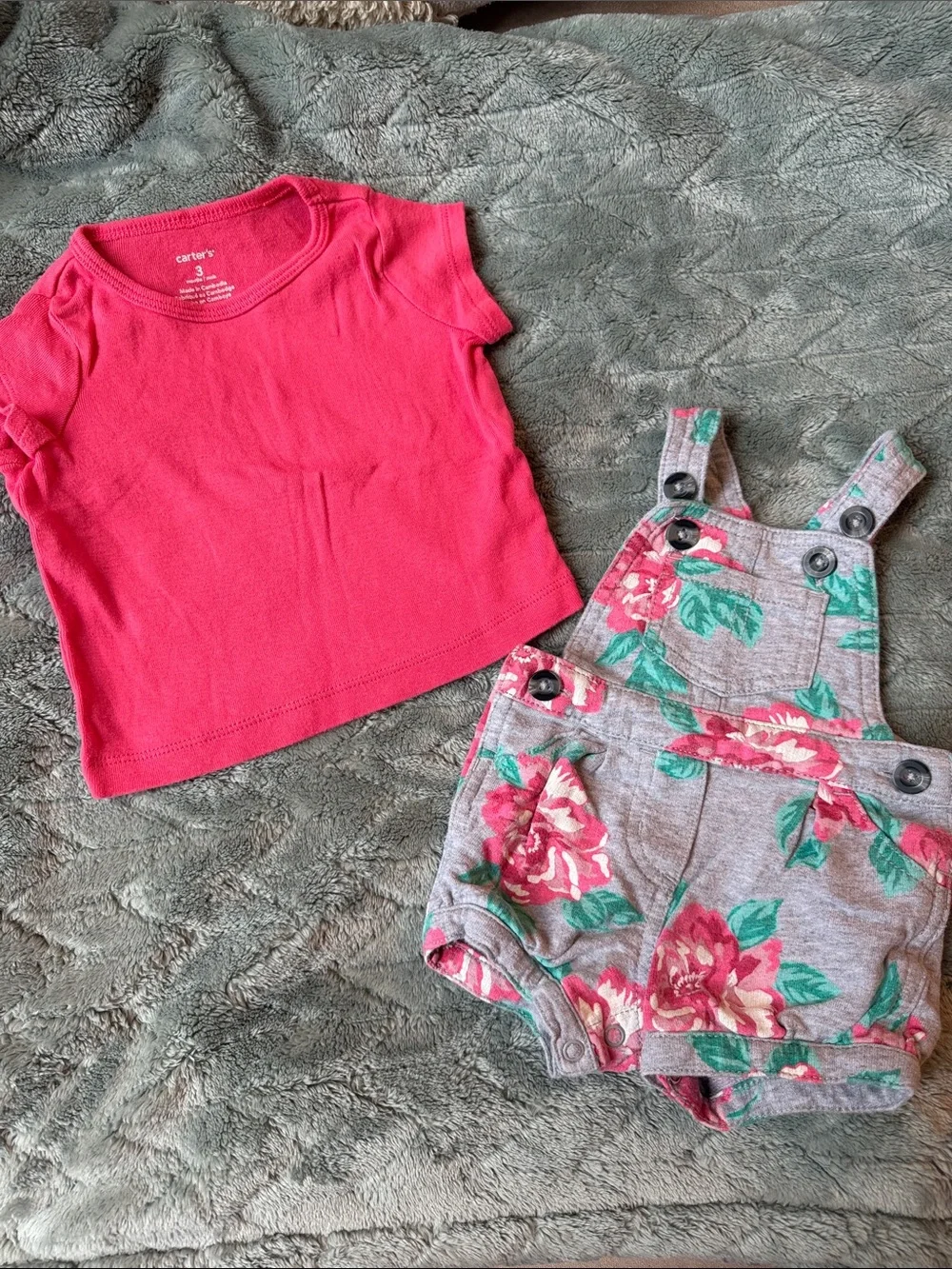 Carter's Bright Pink Tee with Gray Floral Overall Romper